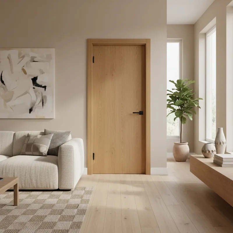 A stylish interior door with well-matched lock hardware and hinges, complementing the room's decor and demonstrating cohesive design principles for home renovators.