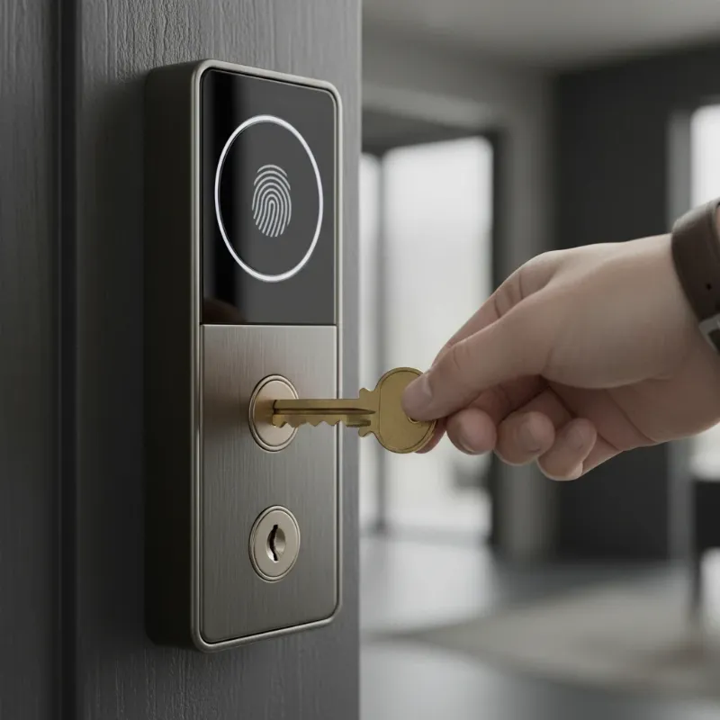 A hand inserting a traditional mechanical key into a smart lock's visible keyhole.