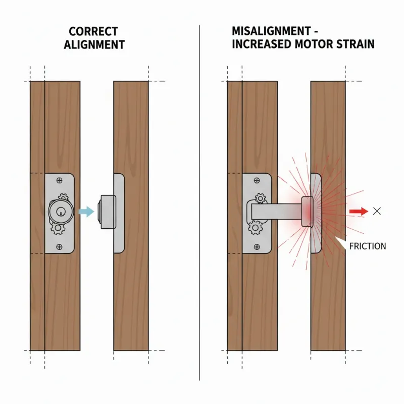 A diagram showing a misaligned door frame and strike plate causing resistance for a smart lock deadbolt.