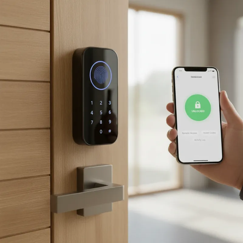A sleek, modern smart lock installed on a wooden door, representing advanced keyless home security solutions.
