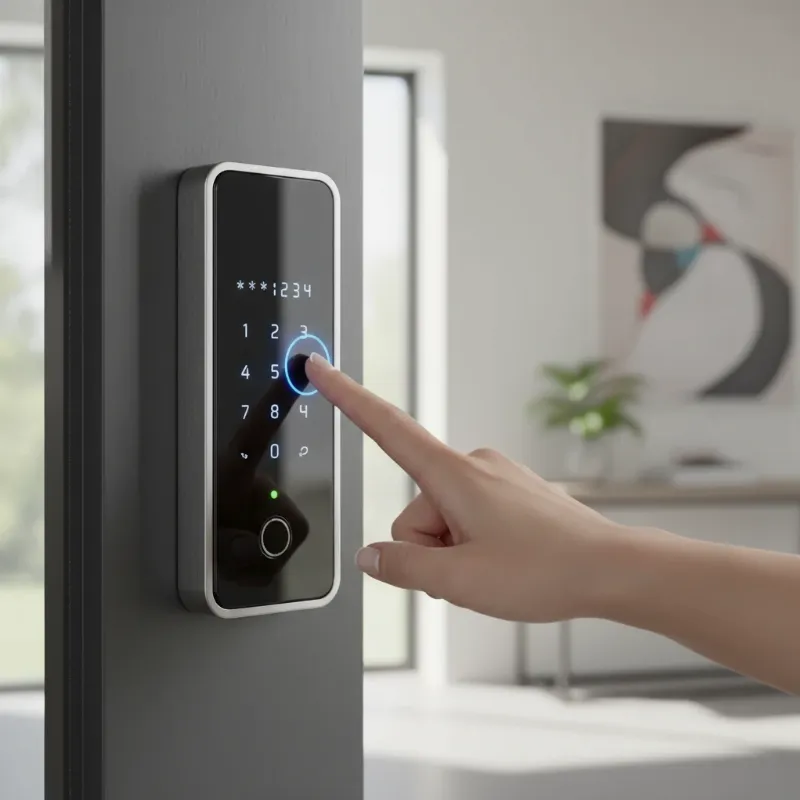 A contemporary smart lock installed on a modern door, showing keyless entry methods like fingerprint or keypad.