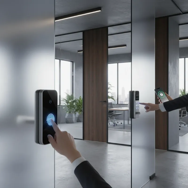 A diverse range of smart lock types, including a fingerprint reader, a keypad, and a smartphone app interface, shown on different office doors.