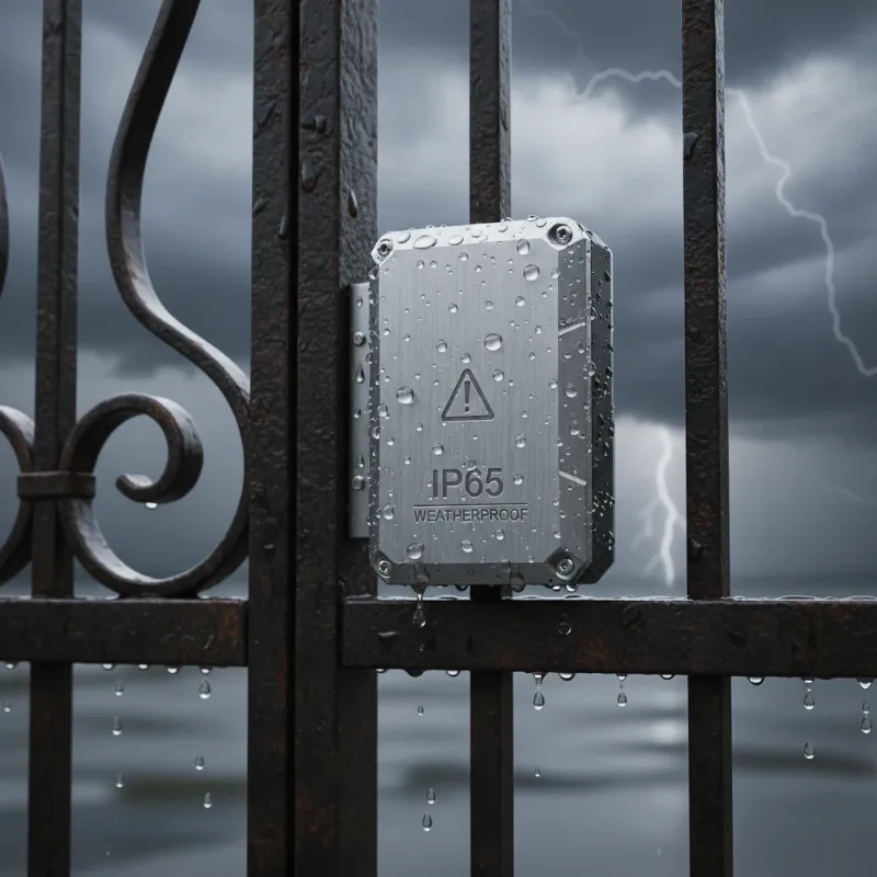 Weather-resistant smart lock on a metal gate, enduring rain and outdoor elements.