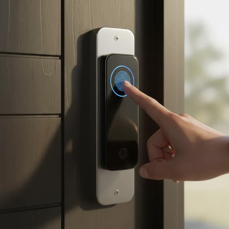 Person's finger interacting with the Wyze Lock Bolt v2 fingerprint scanner for keyless entry.