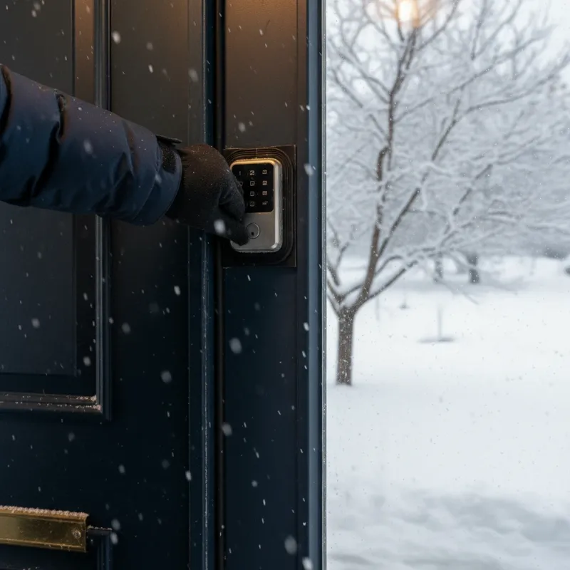 A hand insulating a smart lock on a door to protect it from cold winter elements.