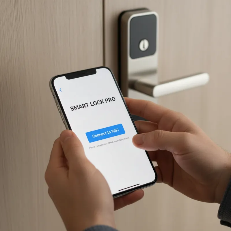 A person using a smartphone to reconnect a smart lock to Wi-Fi through its dedicated mobile application. 