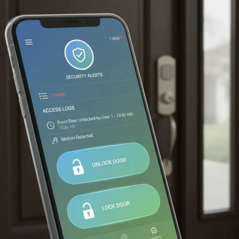 Smart lock app showing security alerts and access logs on a smartphone, emphasizing home security.