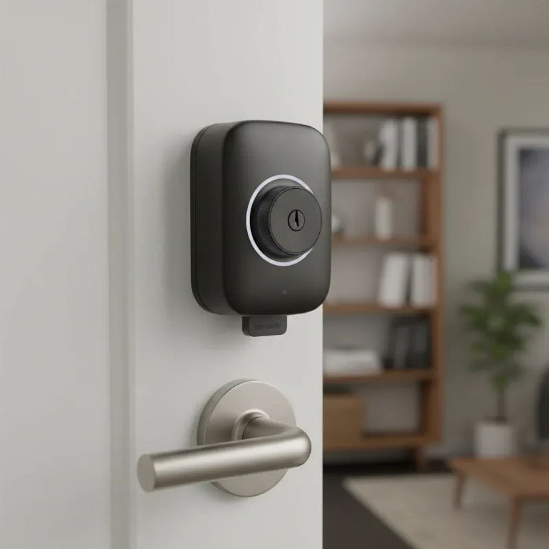 A renter-friendly smart lock installed on the inside of an apartment door, showing easy, non-invasive installation.