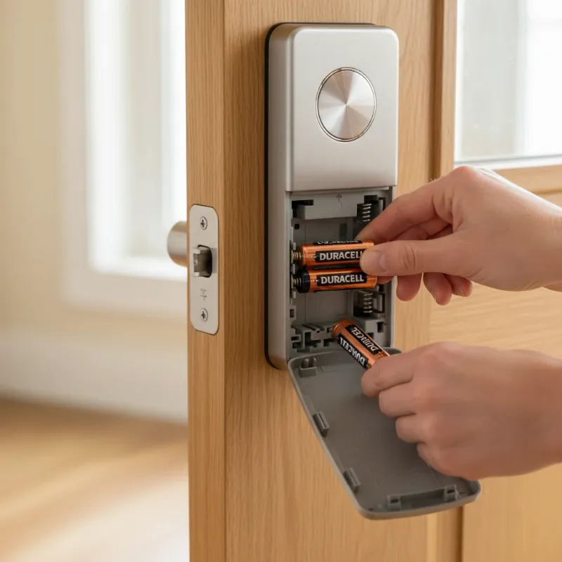 Hands replacing AA batteries in the open battery compartment of a smart door lock.
