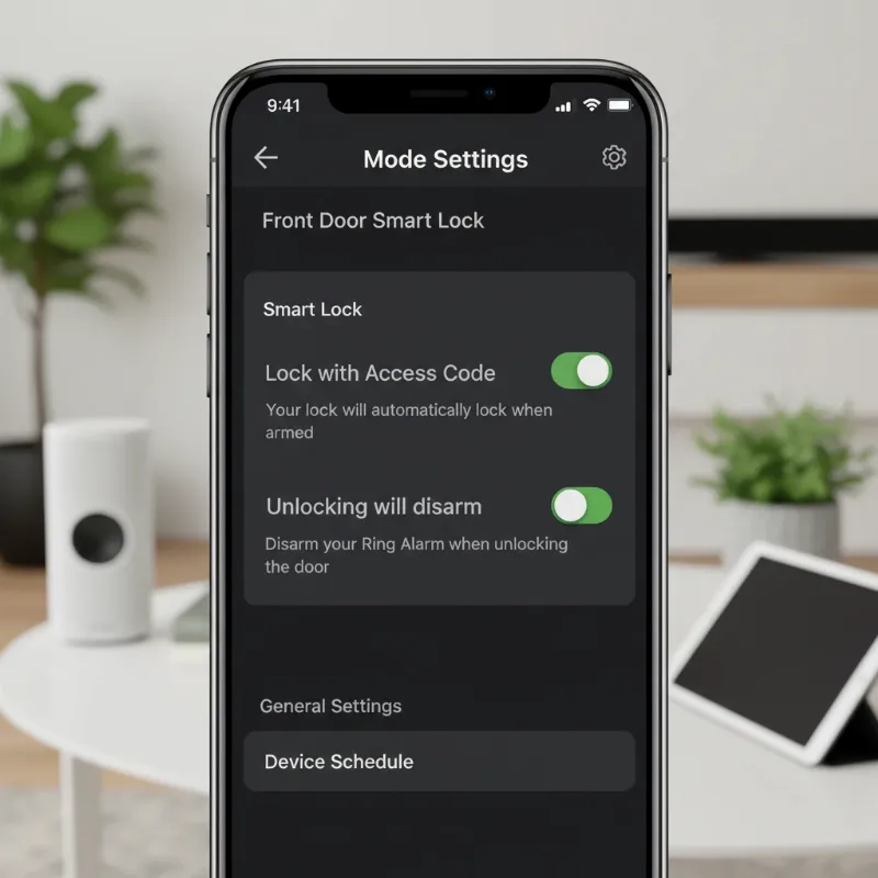 A screenshot of the Ring app's settings screen showing options for smart lock integration with Ring Alarm modes, highlighting automation.