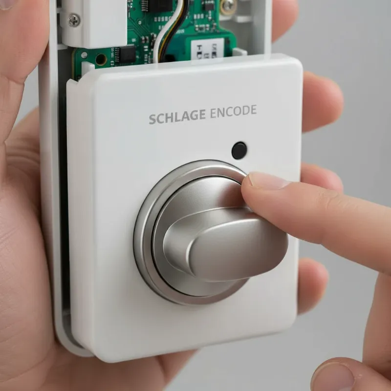 A hand pressing the small black reset button on the interior of a Schlage Encode smart lock.