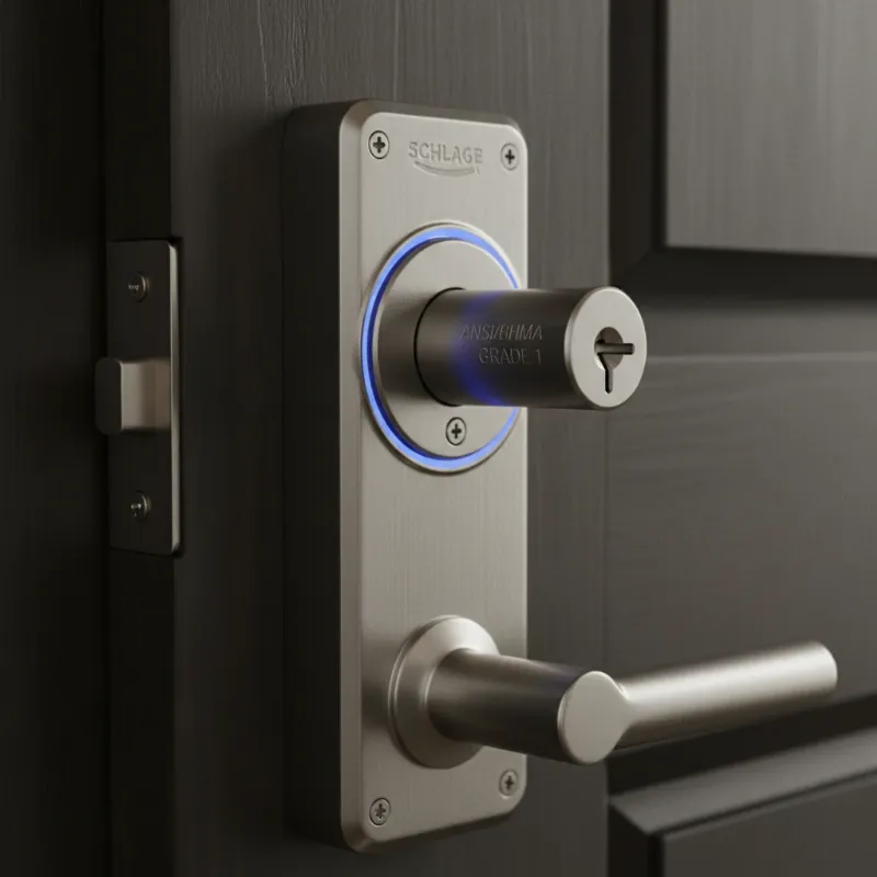 Close-up of a Schlage Encode smart lock showcasing its robust, Grade 1 certified deadbolt mechanism for enhanced home security