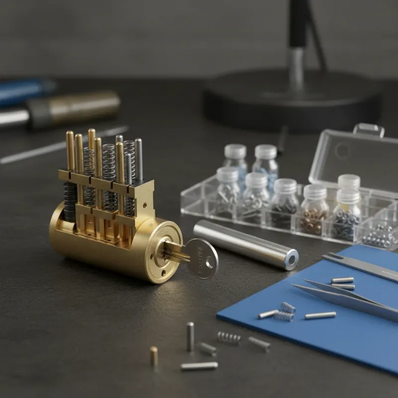 A disassembled Schlage lock cylinder with rekeying tools and pins