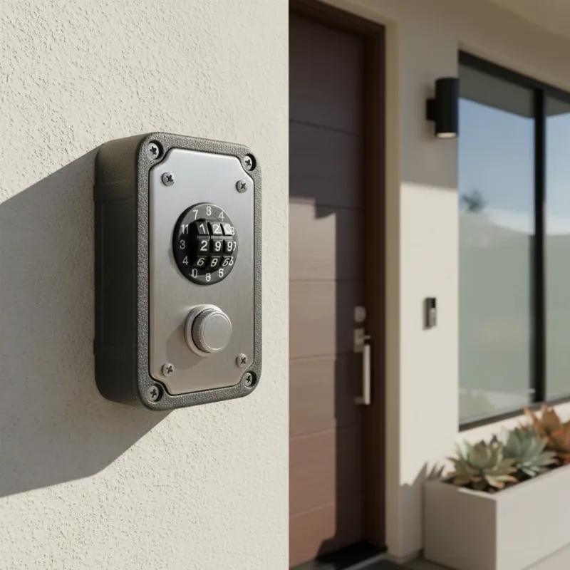 A sturdy wall-mounted key lockbox with a combination dial, offering a secure alternative for spare key storage.