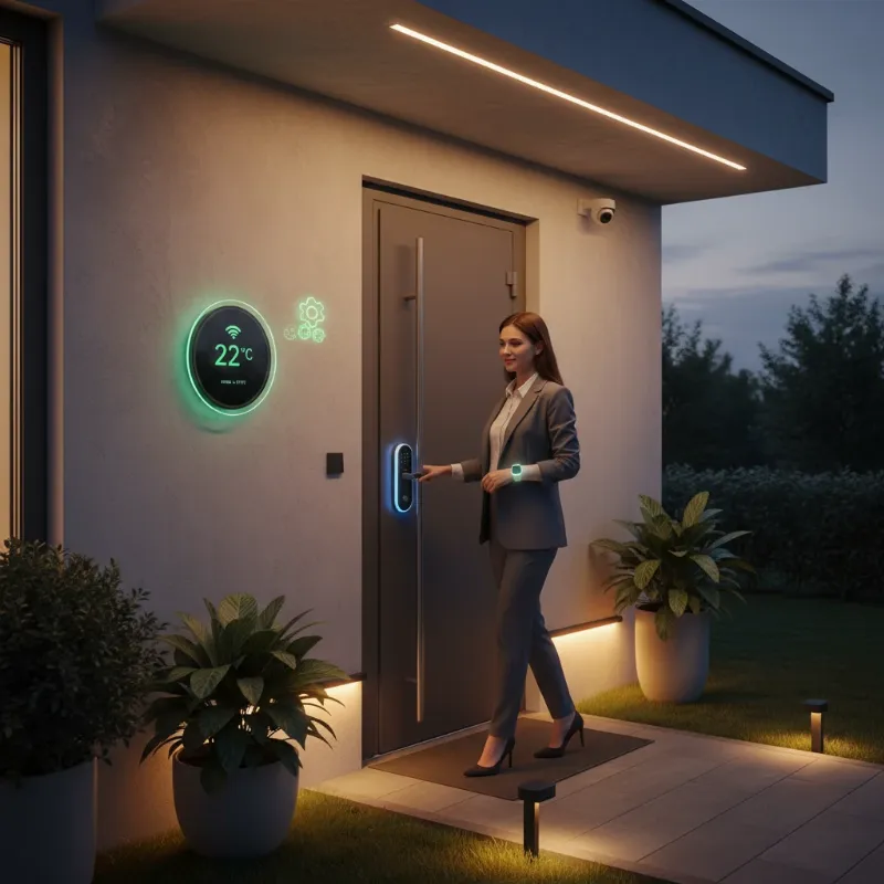Woman entering a smart home with lights on and door unlocking, showcasing IFTTT automation.