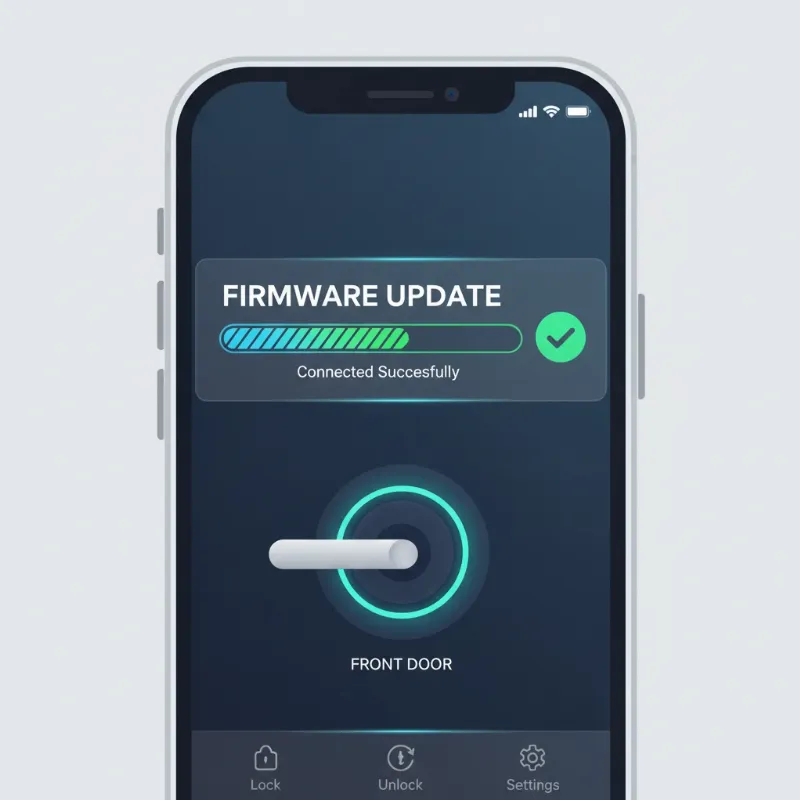 Screenshot of a smart lock mobile app showing firmware update progress to fix glitches