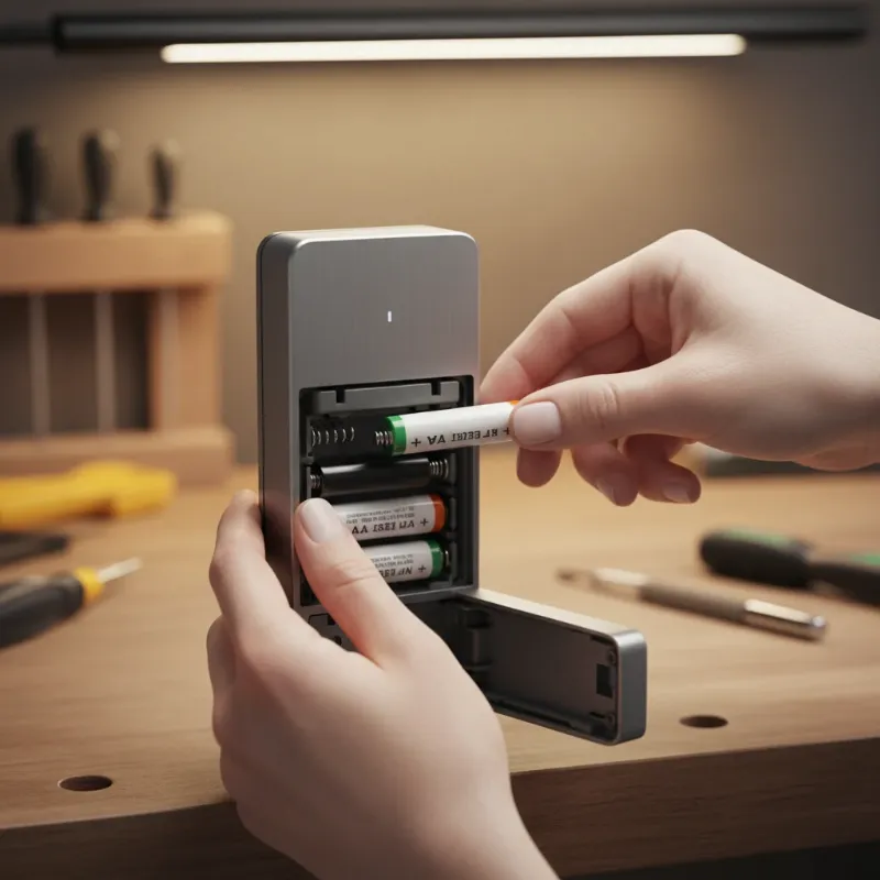 Person replacing batteries in a smart lock, emphasizing maintenance for smooth operation