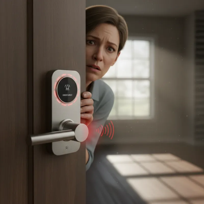 A smart lock with a red light indicating a door ajar warning, on a slightly open front door, with a worried homeowner looking at it.
