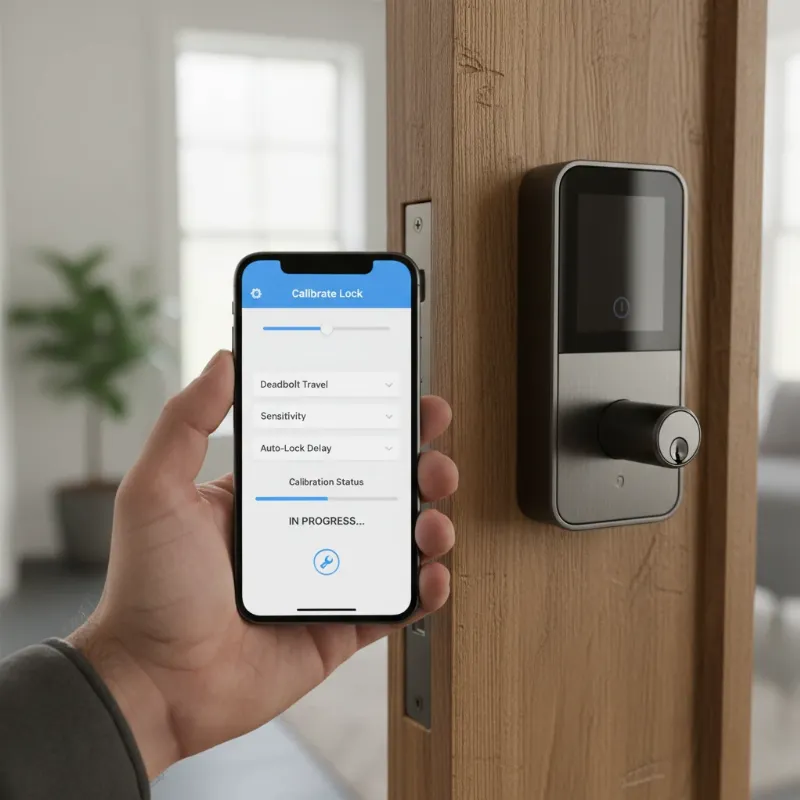 A close-up of a smart lock being calibrated on a wooden door, with a smartphone displaying calibration settings