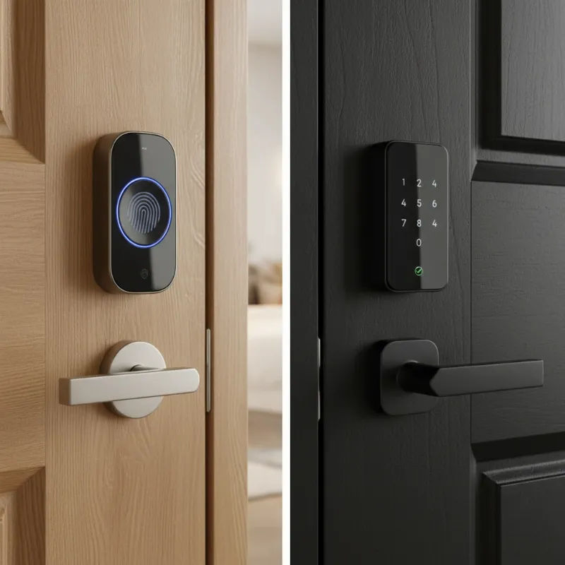 A side-by-side comparison of a sleek fingerprint smart lock and a modern keypad smart lock on two contrasting wooden doors.