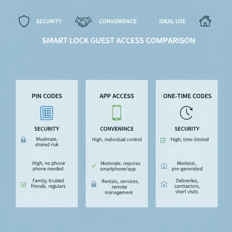 A visually appealing infographic comparing different smart lock features, specifically focusing on temporary guest access options and their suitability for various user needs.