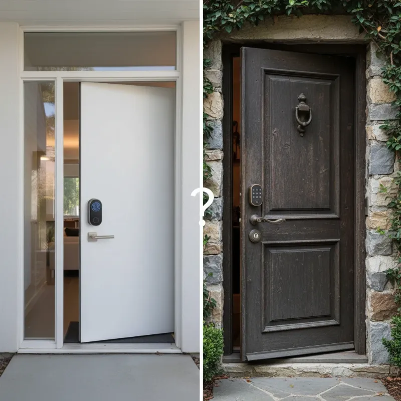 Two distinct smart locks side-by-side on separate doors, symbolizing a comparison choice for home security.