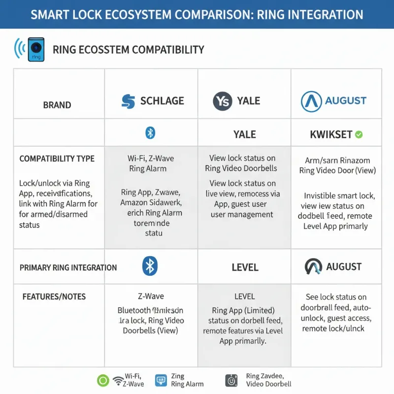 A visually appealing infographic comparing different smart lock brands and their compatibility features with the Ring ecosystem, emphasizing choices.