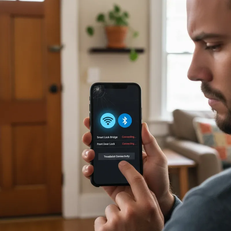A person checking their smartphone for Wi-Fi and Bluetooth settings to troubleshoot smart lock auto-unlock issues