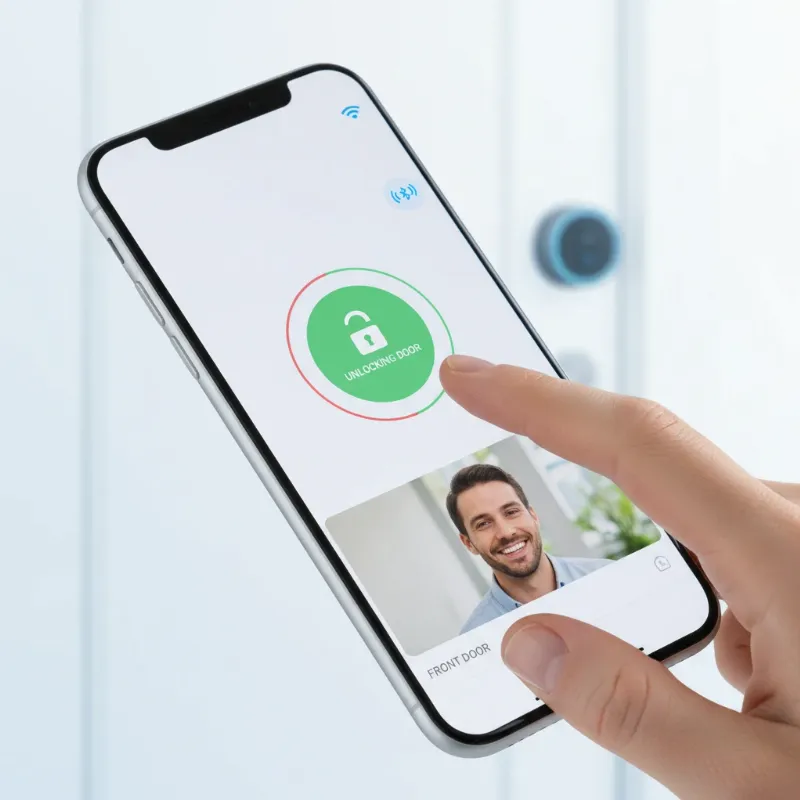 A person easily unlocking a smart lock with a built-in video doorbell using a smartphone app, showcasing modern convenience and remote access.