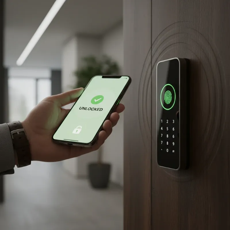 A person effortlessly unlocking a smart door lock with their smartphone, emphasizing convenience and modern security.