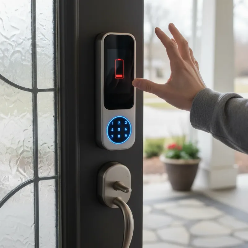 A frustrated person standing in front of a smart lock with a red low battery indicator.
