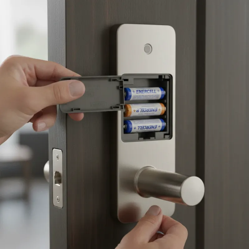 Person checking batteries in a smart lock deadbolt on a wooden door, ensuring proper power supply to fix a jam