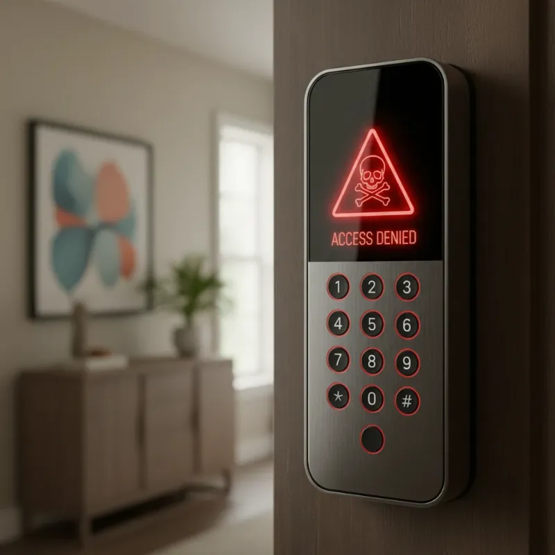 Illustrative image of a smart lock keypad with a warning symbol, representing the risks of using default codes