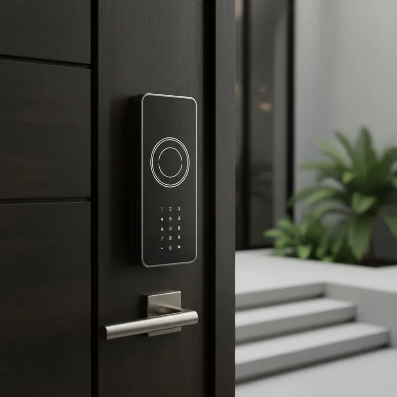 A sleek, modern smart lock with a minimalist design on a contemporary front door, highlighting aesthetics and technology.