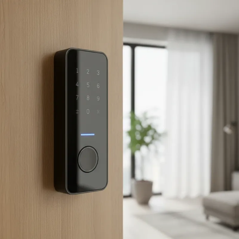 digital smart lock installed on a modern wooden door, showing keyless entry and home security