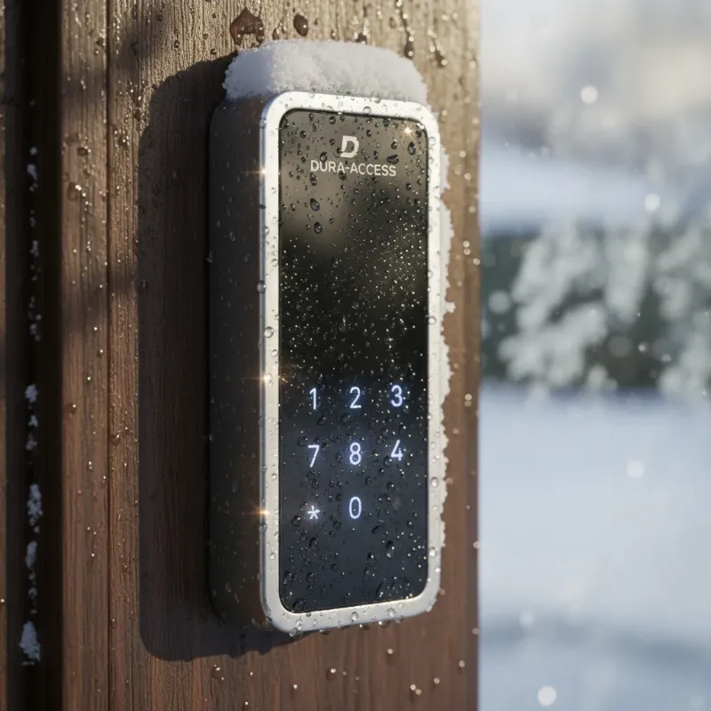 A smart lock keypad exposed to various environmental elements like rain, snow, and sunlight, illustrating the challenges it faces.