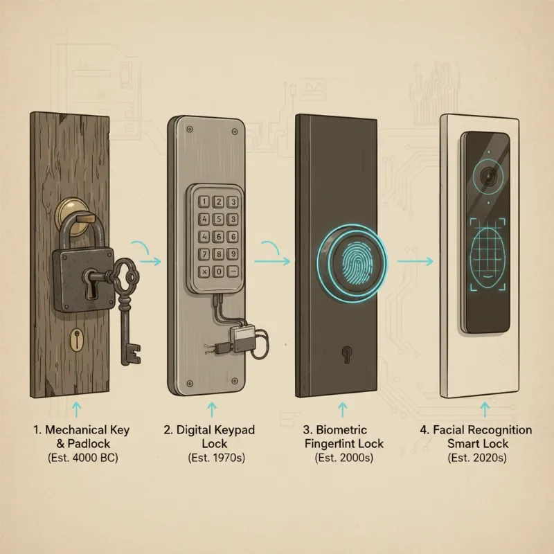An illustration showing the evolution of smart locks from traditional keys to advanced facial recognition.