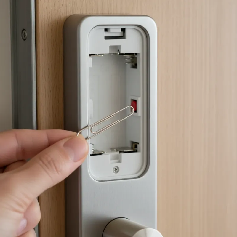 A small reset button being pressed with a paperclip on the interior unit of a smart lock.