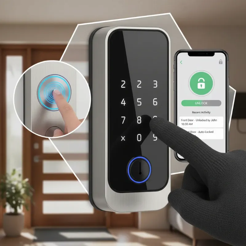 A collage showcasing various smart lock features like keypads, fingerprint scanners, and a smartphone app interface for remote control, emphasizing the technological advantages for a smart home. 