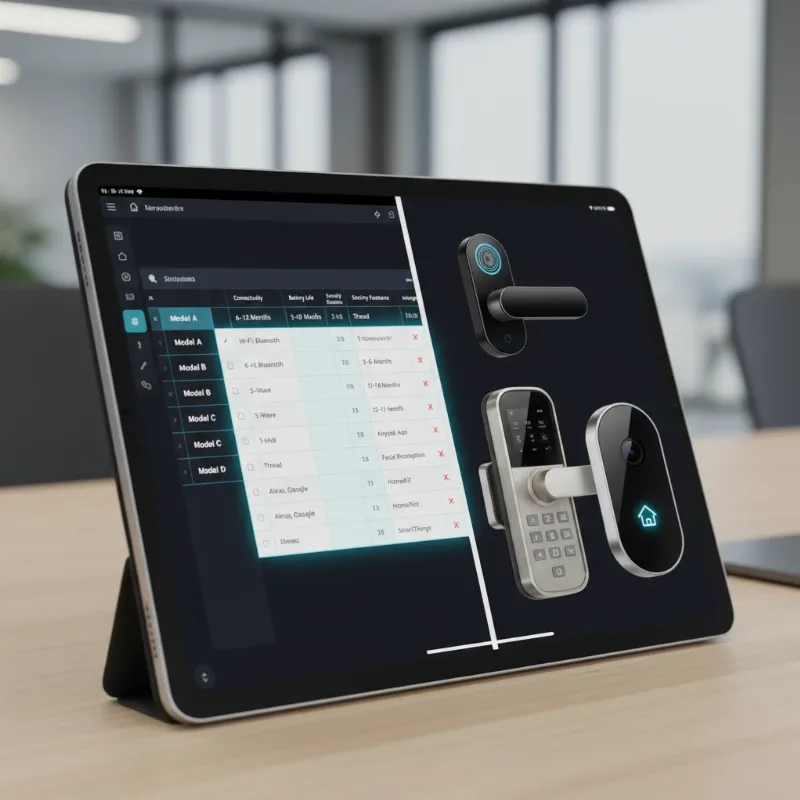 A side-by-side comparison of different smart lock features and specifications on a digital screen, with various smart lock models visible.