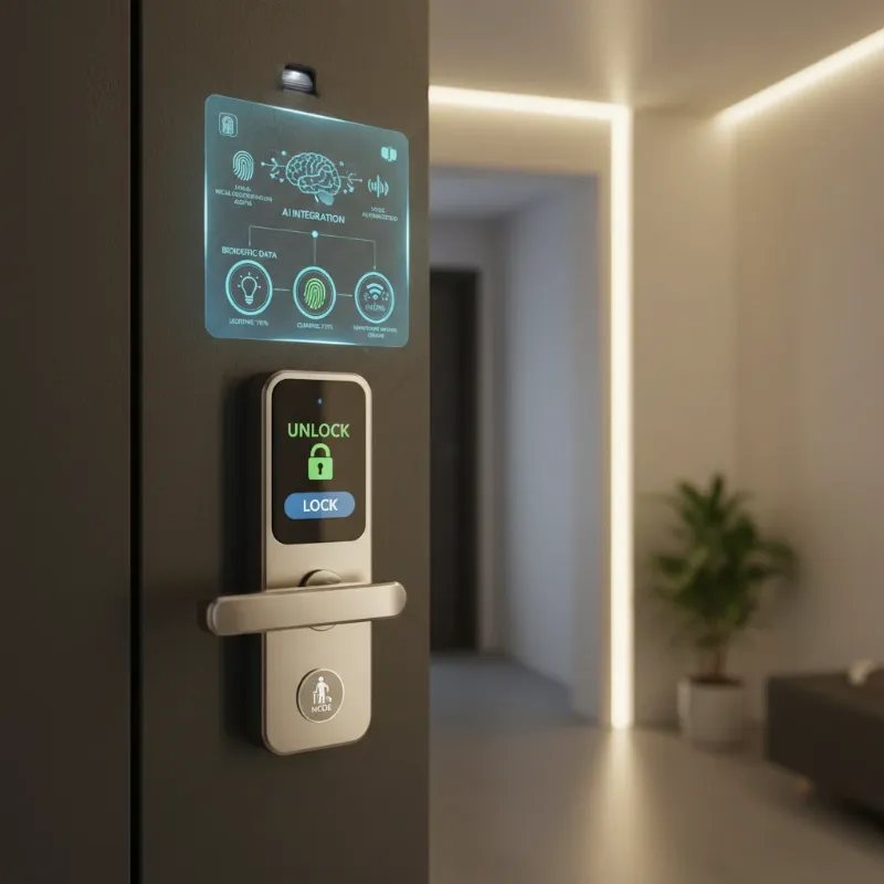 Futuristic smart lock concept with AI integration and seamless smart home connectivity for seniors