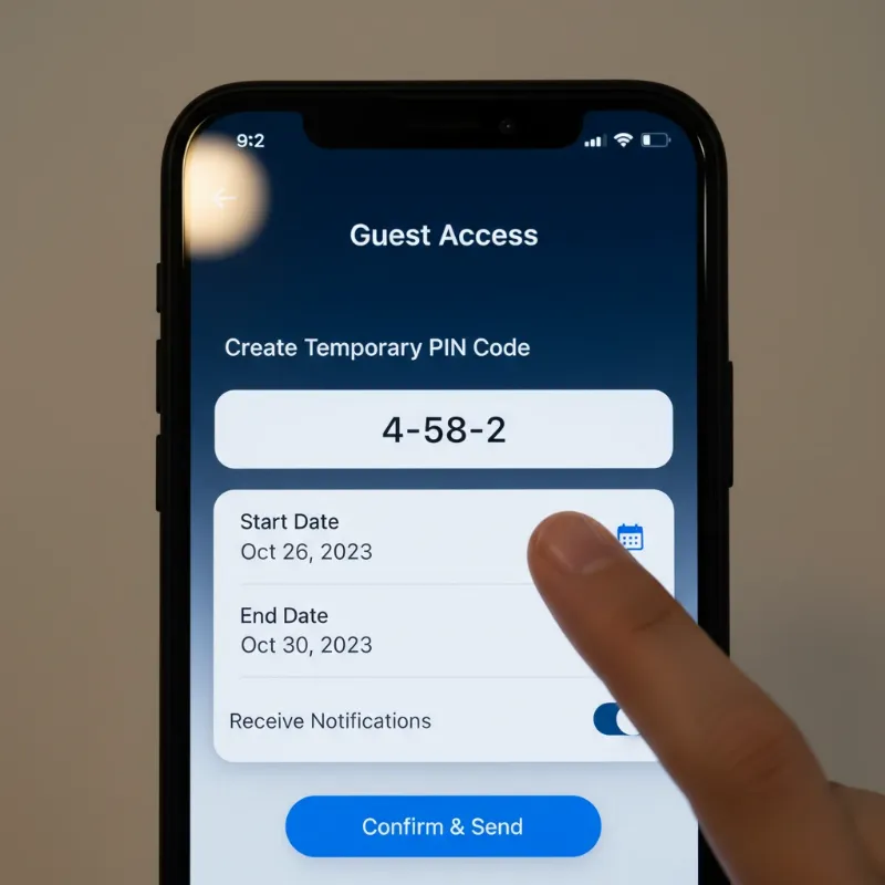 A smartphone screen displaying a smart lock app interface with options for setting temporary guest codes, schedules, and user management.