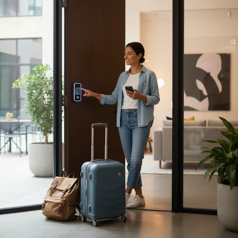 A happy guest effortlessly entering an Airbnb with a keypad smart lock, smartphone in hand, luggage nearby. Modern, welcoming atmosphere.