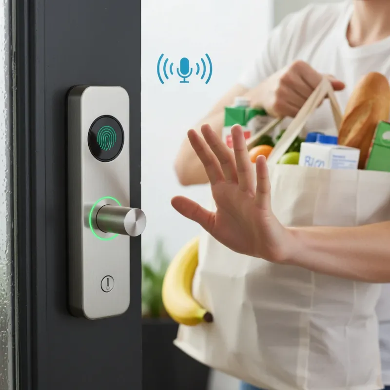 A person unlocking a smart door lock with voice command while holding groceries.