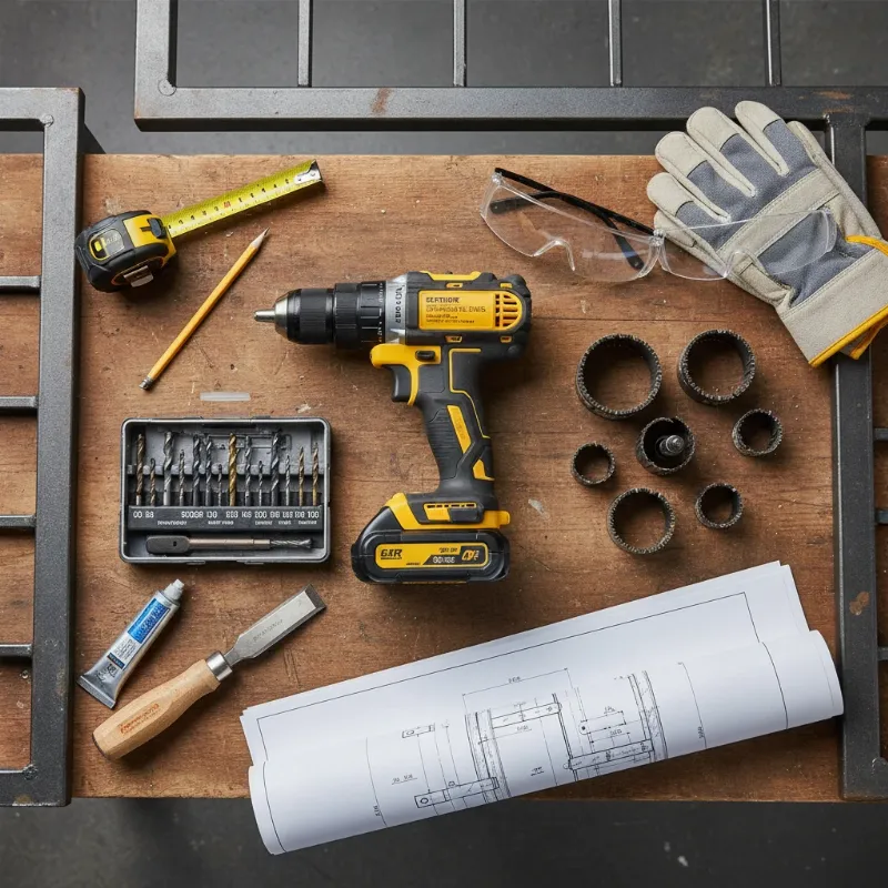 Essential tools for smart lock installation on a metal gate, including drill and hole saw.
