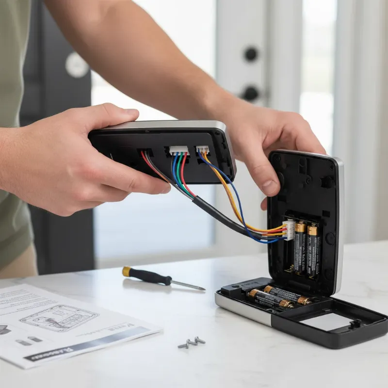 A hand connecting the cable of a smart lock's interior assembly to the exterior unit, with batteries being inserted into the battery pack as part of a DIY installation.