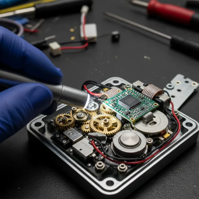 Close-up view of a smart lock's internal gears and mechanism being inspected with a small flashlight