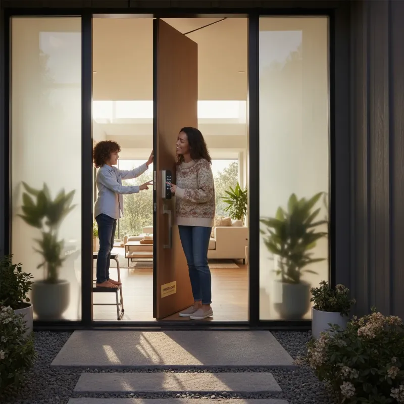 A parent and child easily entering their home using a smart lock's keypad, no physical keys needed, symbolizing convenience.