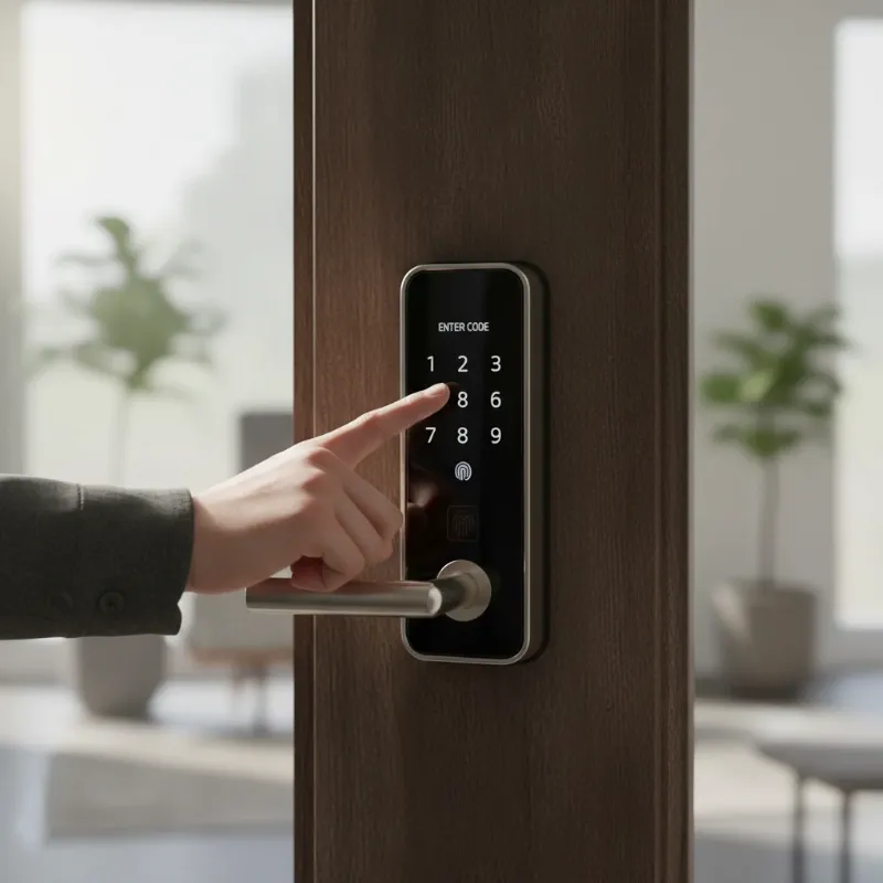 A person's hand entering a code on a modern smart lock keypad installed on a residential door.