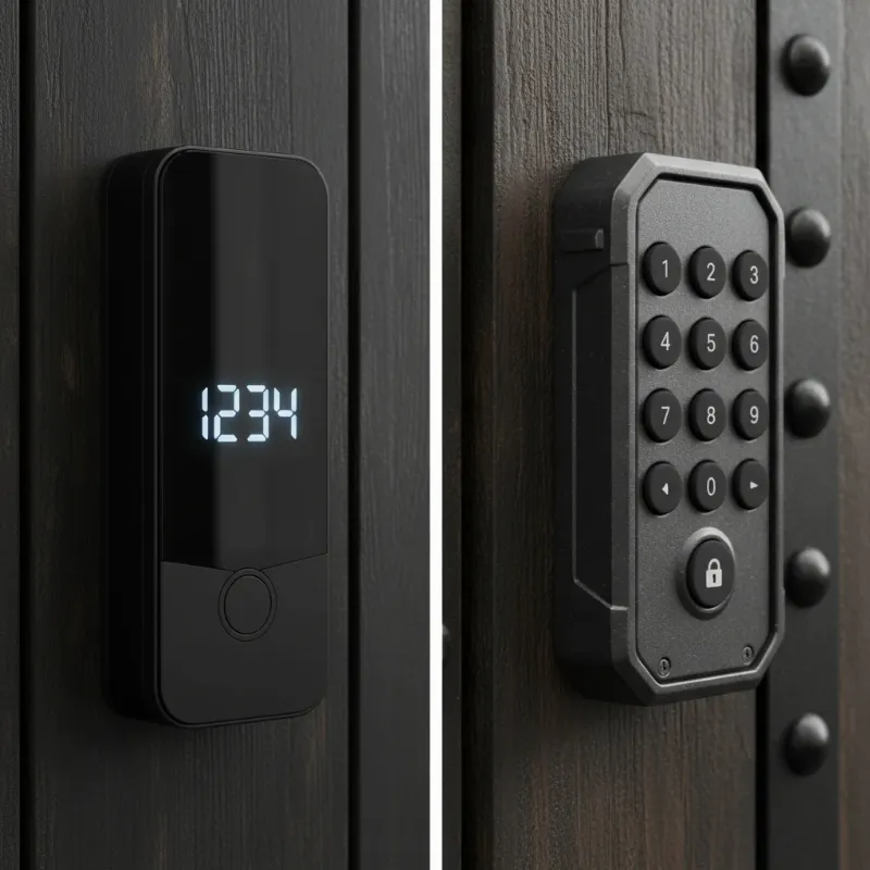 A split image showing a sleek touchscreen smart lock on one side and a robust physical button smart lock on the other, highlighting their distinct designs for durability comparison.
